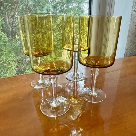 Vintage Amber Stemmed Glasses Set of 4 – Mid-Century Modern Cylindrical Goblets - Picture 8 of 16